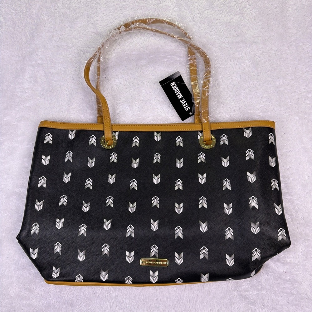 Steve‎ Madden Black & White Tote Handbag Brown Leather Trim (16x12x6) New w/Flaw